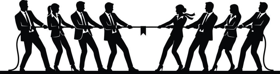 Obraz premium Professional business people in formal suits engage in a competitive tug of war game representing corporate teamwork and strategic struggle in a minimalist black silhouette.