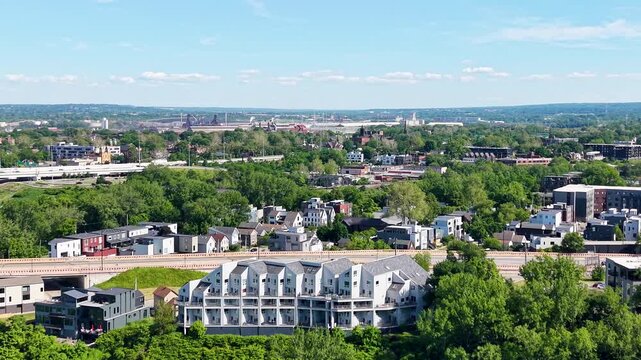 Aerial footage of office buildings, apartments and homes in downtown Cleveland Ohio USA