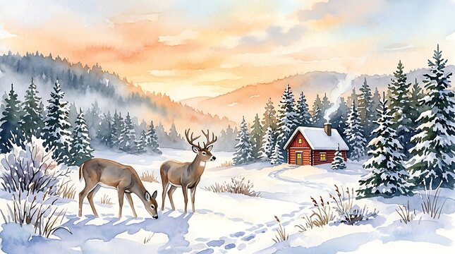 Watercolor winter landscape with deer and cozy cabin in snowy forest
