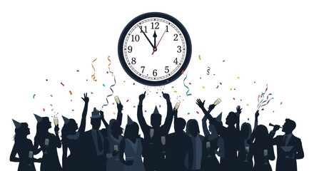 New year's eve celebration with midnight clock striking twelve surrounded by party people © Dipan