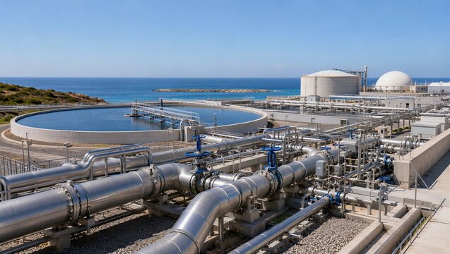 Modern seawater desalination plant with pipes and reservoirs located near the sea. Industrial water treatment infrastructure for sustainable fresh water supply and climate adaptation.
