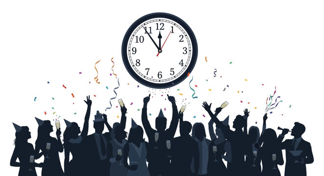 New year's eve celebration with midnight clock striking twelve surrounded by party people