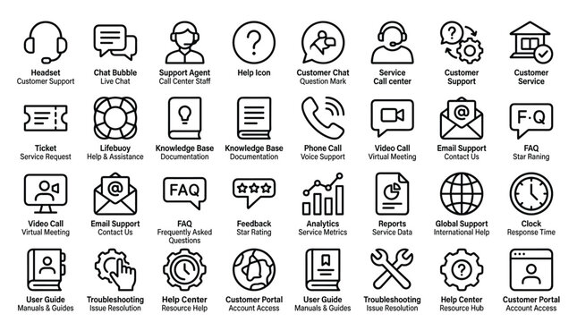 Customer support and service line icons, modern vector illustrations of help, chat, calls, and information, headset, chat bubble, support agent.