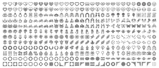 Large set of thin line wedding and love icons with heart motifs floral flourishes and geometric decorative frames for invitations marriage decorative invitation graphics celebration ornament © Designer Pac 2