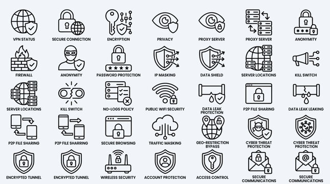 Cyber security and data protection outline icons set, including vpn, encryption, privacy, firewall, and secure browsing.