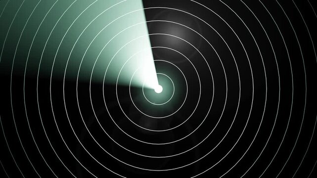 Digital radar screen scanning animation with rotating beam and concentric circles