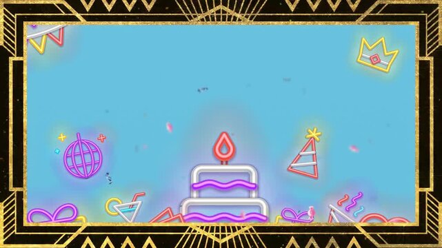 Birthday cake icon glows with neon light effects inside an ornate vintage frame for a festive celebration.