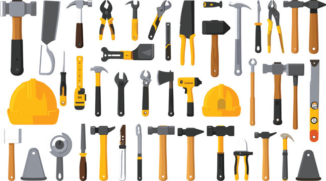 Industrial Construction Hand Tools and Safety Equipment Vector Set with Hammers Pliers Wrenches Screwdrivers Helmets and Axes for Professional Repair Graphic Designs