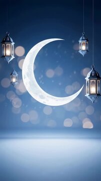 Glowing crescent moon with hanging lanterns. Islamic background for Ramadan celebration. Traditional cultural decoration with bokeh light in sacred evening setup. Vertical video
