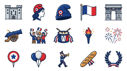 French National Day celebration icon set with Bastille prison Marianne symbol liberty cap tricolor flag and festive elements in editable line art style © Bimi