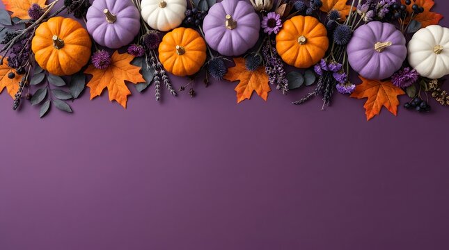 Autumn Pumpkin Border on Purple Background with Copy Space