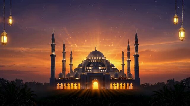 Mosque at sunrise during Ramadan. Silhouette of architecture with glowing lanterns. Religious monument background for Islamic holiday and spiritual celebration.