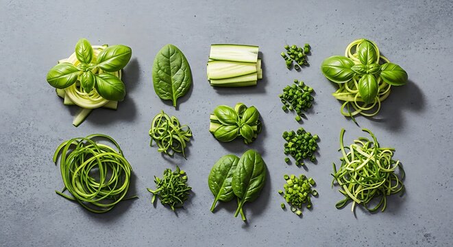 Chiffonade technique showcased with fresh spiralized zucchini, basil leaves, spinach, and chopped green onions arranged on a gray textured kitchen surface
