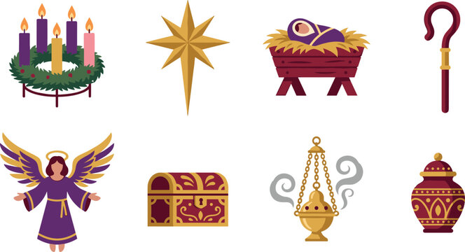 Christmas nativity and advent vector icon set featuring baby jesus manger star angel wreath and magi gifts isolated on white
