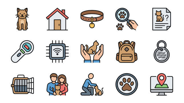 Editable Stroke Lost and Found Cat Icons Set with Missing Pet Poster Microchip Collar Tag and Happy Reunion for Pet Rescue and Animal Shelters