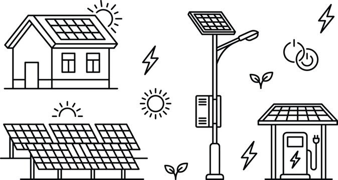 Renewable Solar Energy Vector Icon Set with Solar Panels House Roof Streetlight and EV Charging Station Outline Designs