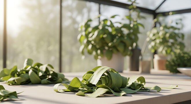 Fresh basil leaves prepared in a traditional chiffonade style on a kitchen counter inside a greenhouse setting with warm natural sunlight illuminating it