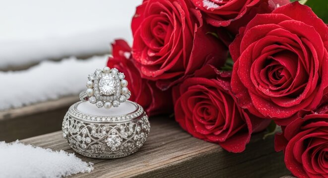 diamond jewelry, red roses, winter wedding