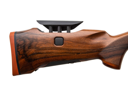 Close-up of a premium rifle wooden buttstock with an orange recoil pad, isolated.