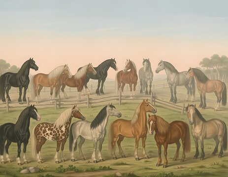 Vintage Oil Painting of Various Horse Breeds in a Rural Pasture.