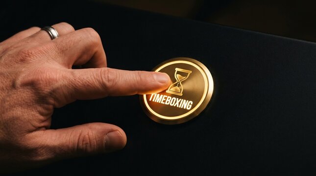 Hand Pressing Golden Timeboxing Button for Productivity and Effective Time Management