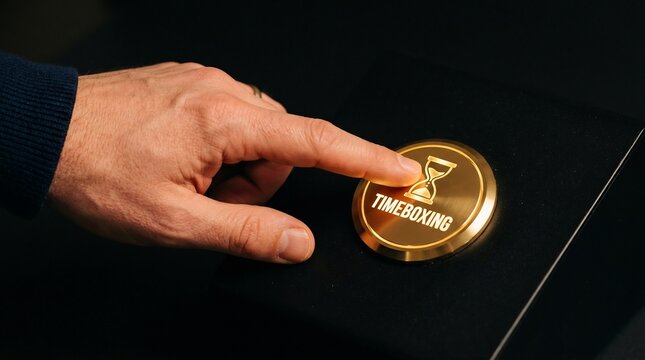 Close up of a professional hand pressing a gold button to start the timeboxing productivity management process