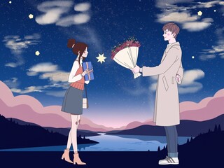 Romantic anime couple under starry night sky holding rose bouquet and gift