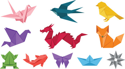 Colorful Origami Paper Animal Vector Set with Traditional Japanese Crane Dragon Fox and Geometric Folded Art Designs © Maslima