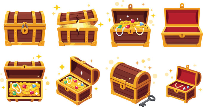 Wooden Treasure Chest Vector Set with Open Closed Empty and Gold Coin Filled Boxes for Game Interface Designs