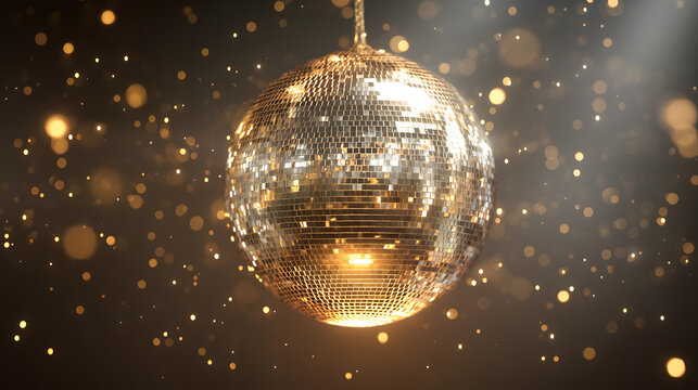 Golden Disco Ball with Sparkling Bokeh Lights on Dark Festive Background