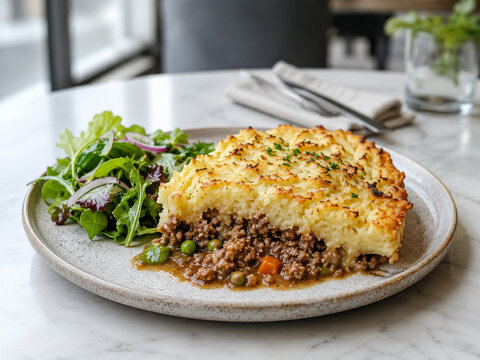 Un plato de carne picada con pur&eacute; de papa servido con ensalada fresca