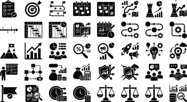 Corporate planning and management process vector icons depicting business strategy development tools.