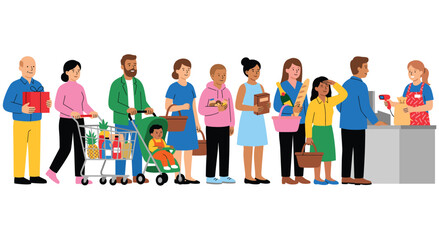 Obraz premium People standing in queue for supermarket checkout with grocery carts baskets.