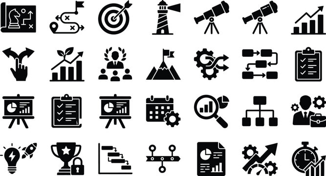 Set of 36 business and startup solid icons suitable for web, mobile apps, and print.