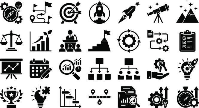 Set of 36 business and startup solid icons suitable for web, mobile apps, and print.