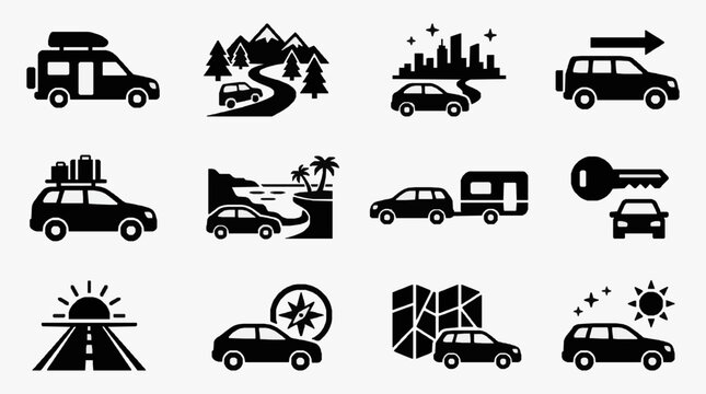 Vehicles and Road Scenarios Icon Set.