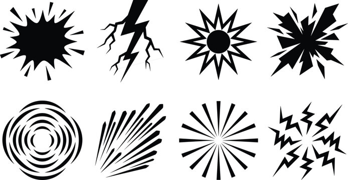 Comic Book Explosion Special Effects Black Silhouette Set Featuring Lightning Bolts Starburst Shockwaves And Impact Sparks Vectors