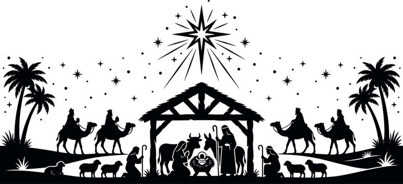 Christmas Nativity Scene Horizontal Border Silhouette Vector Featuring Holy Family Three Wise Men Stable Animals and Bethlehem Star for Religious Festive DesignsChristmas Nativity Scene Horizontal Bor