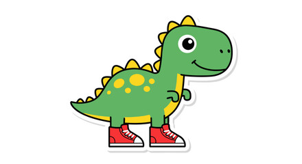 Fototapeta premium Cute Cartoon Dinosaur Wearing Red Sneakers, Vector Illustration
