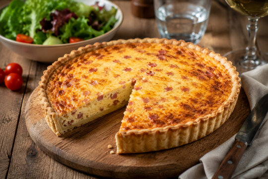 Tarta de queso y jam&oacute;n acompa&ntilde;ada de una ensalada en una mesa de madera