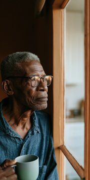 Elderly man looking out window with a mug for introspective portrait background and reflective lifestyle imagery