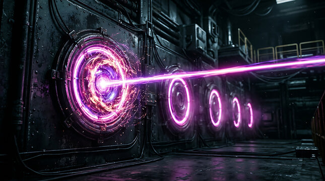Futuristic industrial reactor core emitting powerful purple energy laser beam
