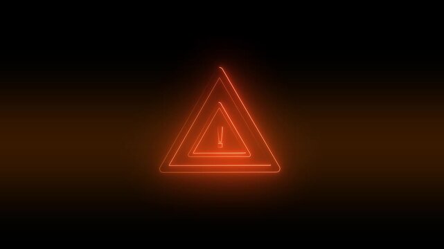 Glowing neon warning triangle icon animation with exclamation mark alert symbol on dark background for digital security hazard and emergency notification.
