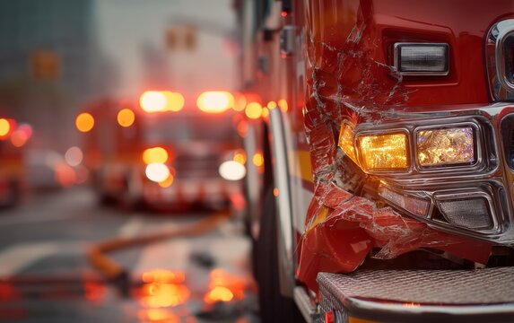 Emergency vehicle involved in accident with truck and fire scene backdrop
