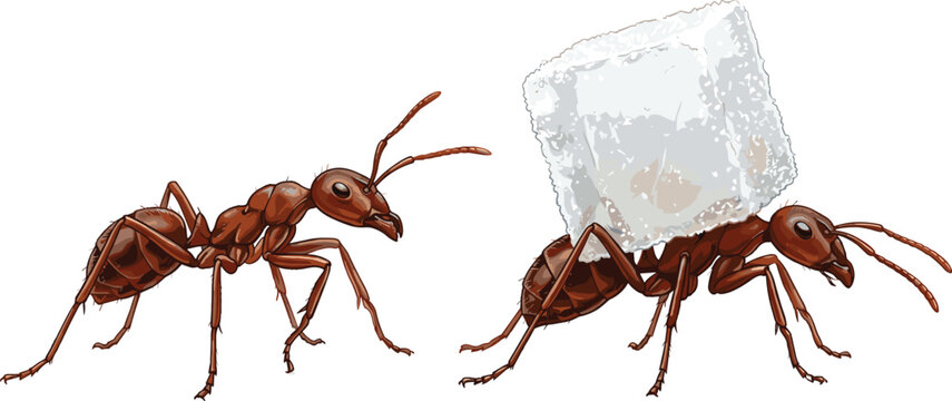Red Fire Ant Vector Set with Worker Ant Carrying Big White Sugar Cube on Back for Teamwork Metaphors Pest Control Infographics and Biology Wildlife Education Designs