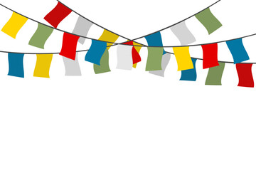 Obraz premium Colorful Tibetan Prayer Flags Bunting Garland for Spiritual and Cultural Events, Isolated on White Background