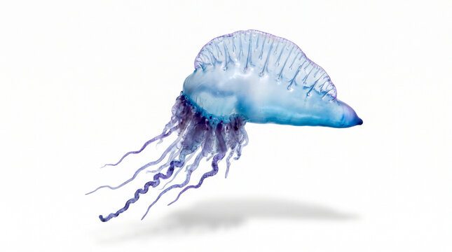 Physalia physalis aislada sobre fondo blanco puro con sombra suave. Ilustraci&oacute;n hiperrealista estilo fotograf&iacute;a cient&iacute;fica para uso editorial o educativo. 