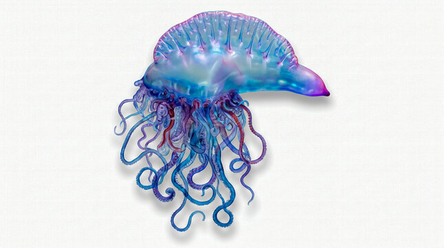 Physalia physalis aislada sobre fondo blanco puro con sombra suave. Ilustraci&oacute;n hiperrealista estilo fotograf&iacute;a cient&iacute;fica para uso editorial o educativo. 