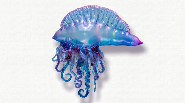 Physalia physalis aislada sobre fondo blanco puro con sombra suave. Ilustraci&oacute;n hiperrealista estilo fotograf&iacute;a cient&iacute;fica para uso editorial o educativo. 