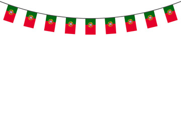 Obraz premium Portugal flag bunting on a string, isolated on a white background, national celebration decoration.